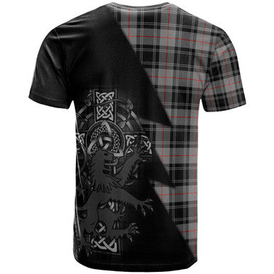 Scottish Moffat Clan Crest Tartan T-Shirt - Lion Rampant Celtic Cross Flash Style Back Side Tartan Plaid