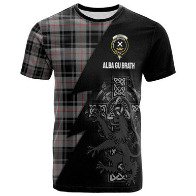 Scottish Moffat Clan Crest Tartan T-Shirt - Lion Rampant Celtic Cross Flash Style Front Side Tartan Plaid