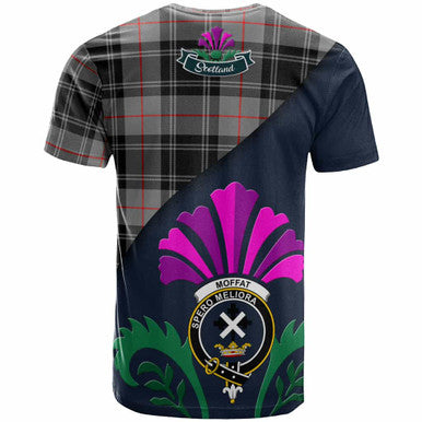 Scottish Moffat Clan Crest Tartan T-Shirt - Scotland Thistle Style Back Side Tartan Plaid