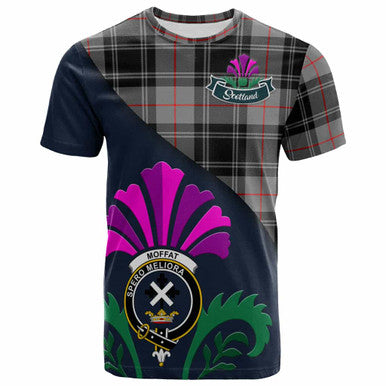 Scottish Moffat Clan Crest Tartan T-Shirt - Scotland Thistle Style Front Side Tartan Plaid