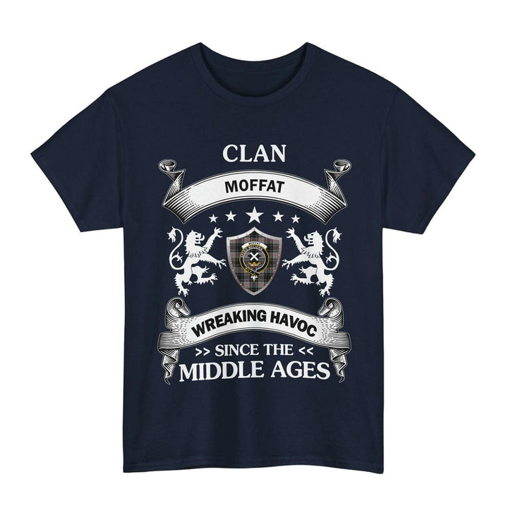 Scottish Moffat Clan Crest Tartan T-Shirt Wreaking Havoc Design Tartan Plaid Navy Color