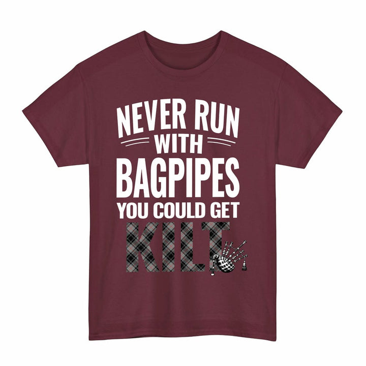 Scottish Moffat Modern Clan Tartan Never Run With Bagpipes T-Shirt Tartan Plaid Maroon Color