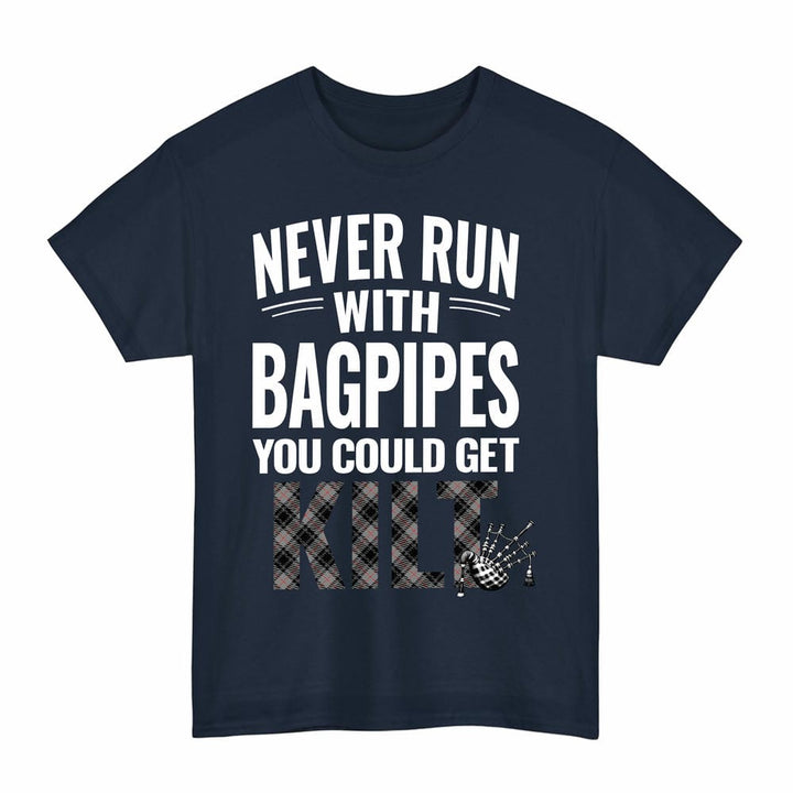 Scottish Moffat Modern Clan Tartan Never Run With Bagpipes T-Shirt Tartan Plaid Navy Color