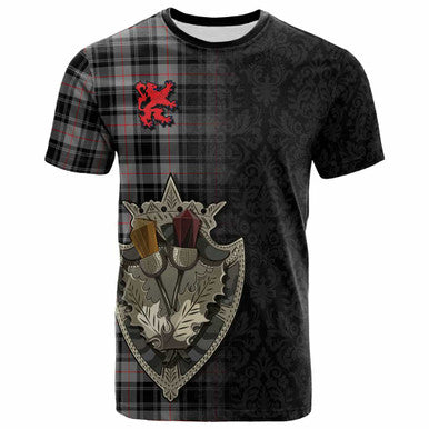 Scottish Moffat Modern Clan Tartan T-Shirt - Half Thistle Flowers Celtic Design Front Side Tartan Plaid