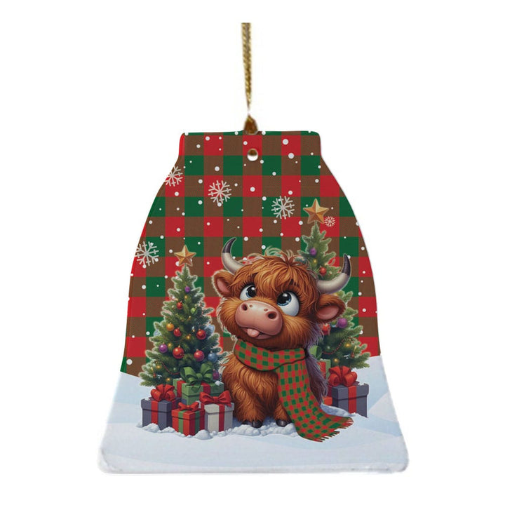Scottish Moncrieffe Clan Tartan Ceramic Ornament Cute Highland Cow Christmas Bell Style Tartan Plaid