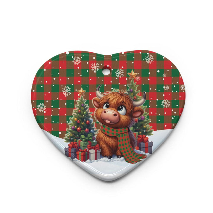 Scottish Moncrieffe Clan Tartan Ceramic Ornament Cute Highland Cow Christmas Heart Style Tartan Plaid