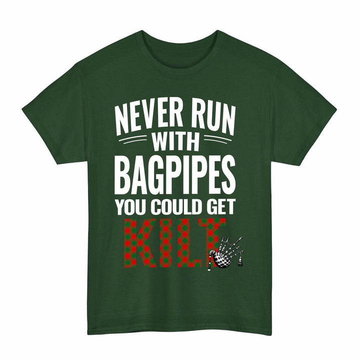 Scottish Moncrieffe Clan Tartan Never Run With Bagpipes T-Shirt Tartan Plaid Forest Green Color