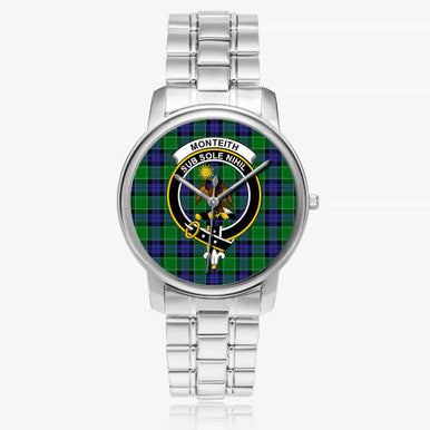 Scottish Monteith Clan Crest Tartan Folding Clasp Steel Quartz Watches Tartan Plaid Silver 1