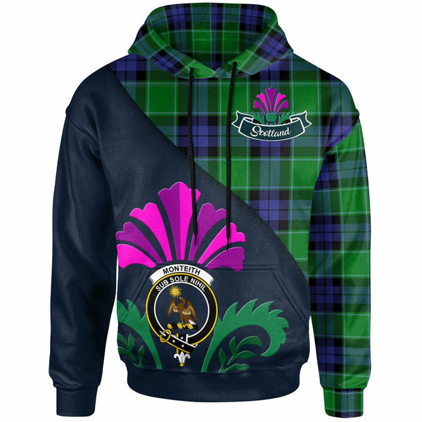 Scottish Monteith Clan Crest Tartan Hoodie - Scotland Thistle Style Front Side Tartan Plaid