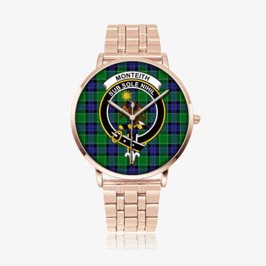 Scottish Monteith Clan Crest Tartan Instafamous Steel Quartz Watches Tartan Plaid Rose Gold 1