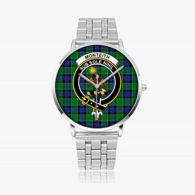Scottish Monteith Clan Crest Tartan Instafamous Steel Quartz Watches Tartan Plaid Silver 1