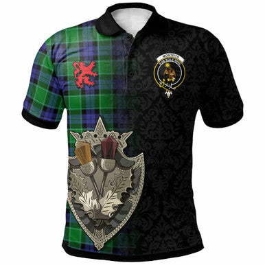 Scottish Monteith Clan Crest Tartan Polo Shirt - Half Thistle Flowers Celtic Design Front Side Tartan Plaid