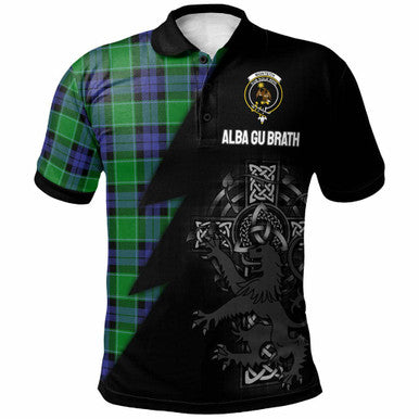 Scottish Monteith Clan Crest Tartan Polo Shirt - Lion Rampant Celtic Cross Flash Style Front Side Tartan Plaid