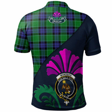 Scottish Monteith Clan Crest Tartan Polo Shirt - Scotland Thistle Style Back Side Tartan Plaid