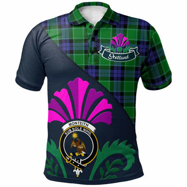 Scottish Monteith Clan Crest Tartan Polo Shirt - Scotland Thistle Style Front Side Tartan Plaid
