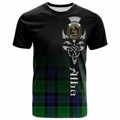 Scottish Monteith Clan Crest Tartan T-Shirt - Alba Gu Brath Family Crest Celtic Inspired Front Side Tartan Plaid