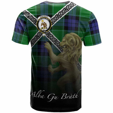 Scottish Monteith Clan Crest Tartan T-Shirt - Celtic With Scotland Lion Back Side Tartan Plaid