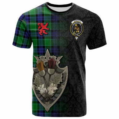 Scottish Monteith Clan Crest Tartan T-Shirt - Half Thistle Flowers Celtic Design Front Side Tartan Plaid