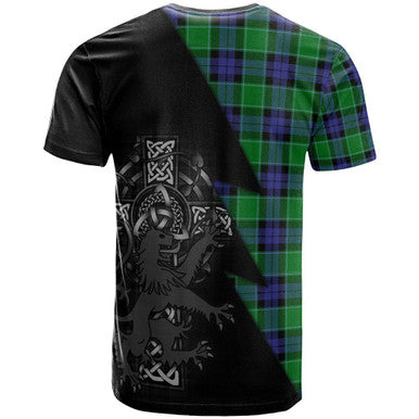 Scottish Monteith Clan Crest Tartan T-Shirt - Lion Rampant Celtic Cross Flash Style Back Side Tartan Plaid