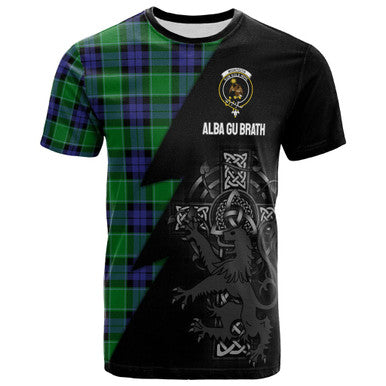 Scottish Monteith Clan Crest Tartan T-Shirt - Lion Rampant Celtic Cross Flash Style Front Side Tartan Plaid