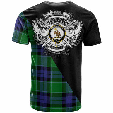 Scottish Monteith Clan Crest Tartan T-Shirt - Military Logo Back Side Tartan Plaid