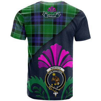 Scottish Monteith Clan Crest Tartan T-Shirt - Scotland Thistle Style Back Side Tartan Plaid