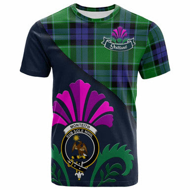 Scottish Monteith Clan Crest Tartan T-Shirt - Scotland Thistle Style Front Side Tartan Plaid