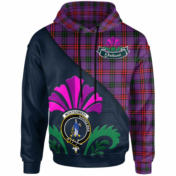 Scottish Montgomery Clan Crest Tartan Hoodie - Scotland Thistle Style Front Side Tartan Plaid