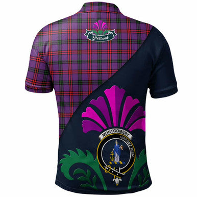 Scottish Montgomery Clan Crest Tartan Polo Shirt - Scotland Thistle Style Back Side Tartan Plaid