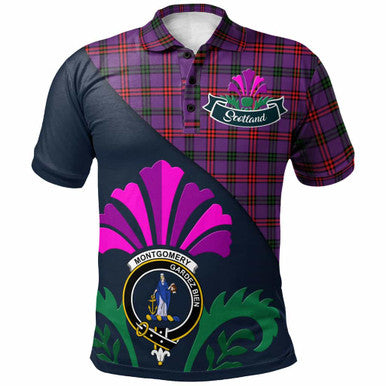 Scottish Montgomery Clan Crest Tartan Polo Shirt - Scotland Thistle Style Front Side Tartan Plaid