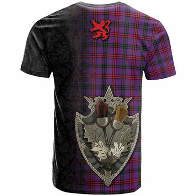 Scottish Montgomery Clan Crest Tartan T-Shirt - Half Thistle Flowers Celtic Design Back Side Tartan Plaid