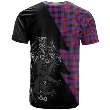 Scottish Montgomery Clan Crest Tartan T-Shirt - Lion Rampant Celtic Cross Flash Style Back Side Tartan Plaid