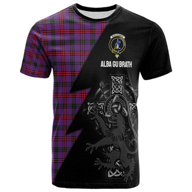 Scottish Montgomery Clan Crest Tartan T-Shirt - Lion Rampant Celtic Cross Flash Style Front Side Tartan Plaid