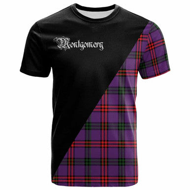 Scottish Montgomery Clan Crest Tartan T-Shirt - Military Logo Front Side Tartan Plaid