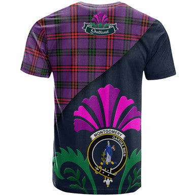 Scottish Montgomery Clan Crest Tartan T-Shirt - Scotland Thistle Style Back Side Tartan Plaid