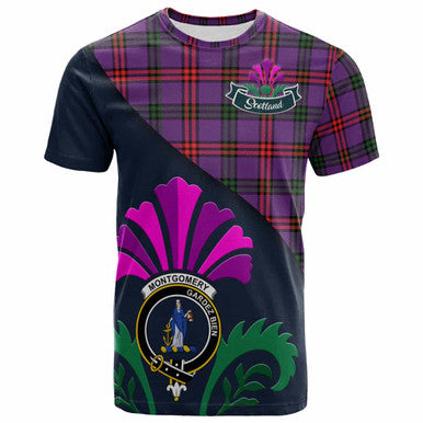 Scottish Montgomery Clan Crest Tartan T-Shirt - Scotland Thistle Style Front Side Tartan Plaid