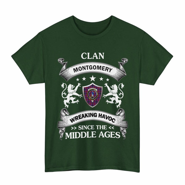 Scottish Montgomery Clan Crest Tartan T-Shirt Wreaking Havoc Design Tartan Plaid Forest Green Color