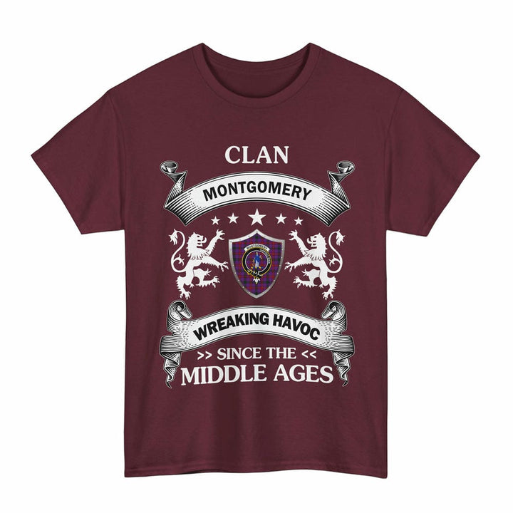 Scottish Montgomery Clan Crest Tartan T-Shirt Wreaking Havoc Design Tartan Plaid Maroon Color