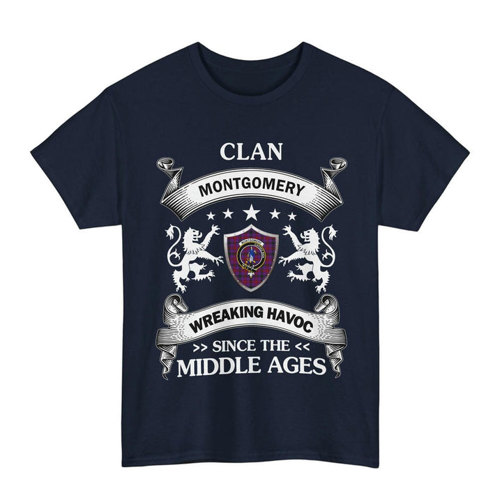 Scottish Montgomery Clan Crest Tartan T-Shirt Wreaking Havoc Design Tartan Plaid Navy Color