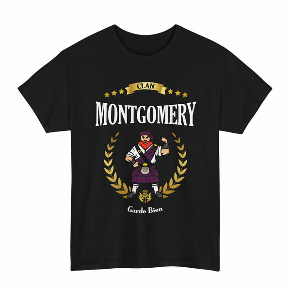 Scottish Montgomery Clan Tartan T-Shirt - Motto Scotsman Tartan Plaid Black Color