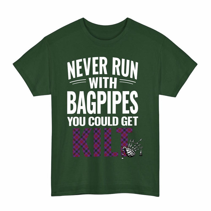 Scottish Montgomery Modern Clan Tartan Never Run With Bagpipes T-Shirt Tartan Plaid Forest Green Color