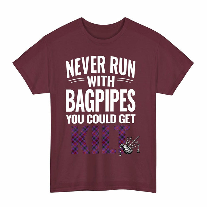 Scottish Montgomery Modern Clan Tartan Never Run With Bagpipes T-Shirt Tartan Plaid Maroon Color