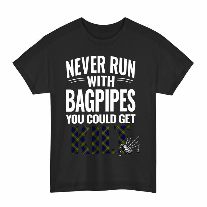 Scottish More (Muir) Clan Tartan Never Run With Bagpipes T-Shirt Tartan Plaid Black Color