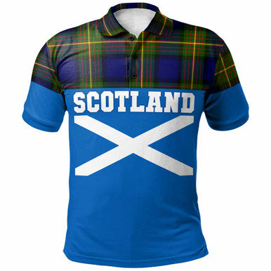 Scottish More (Muir) Clan Tartan Polo Shirt - Lion Rampant of Scotland With Flag Front Side Tartan Plaid