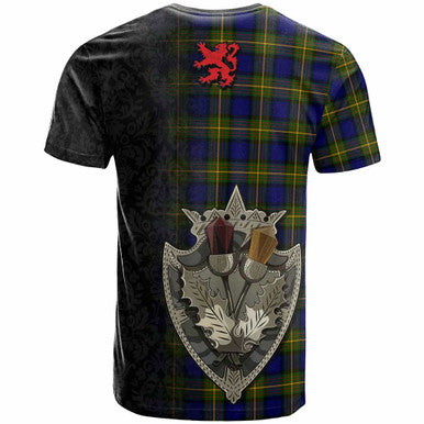 Scottish More (Muir) Clan Tartan T-Shirt - Half Thistle Flowers Celtic Design Back Side Tartan Plaid