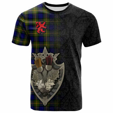 Scottish More (Muir) Clan Tartan T-Shirt - Half Thistle Flowers Celtic Design Front Side Tartan Plaid