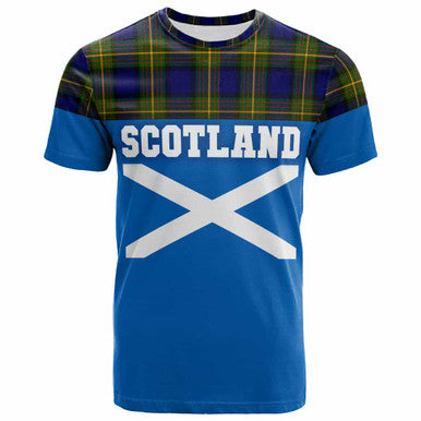 Scottish More (Muir) Clan Tartan T-Shirt - Lion Rampant of Scotland With Flag Front Side Tartan Plaid