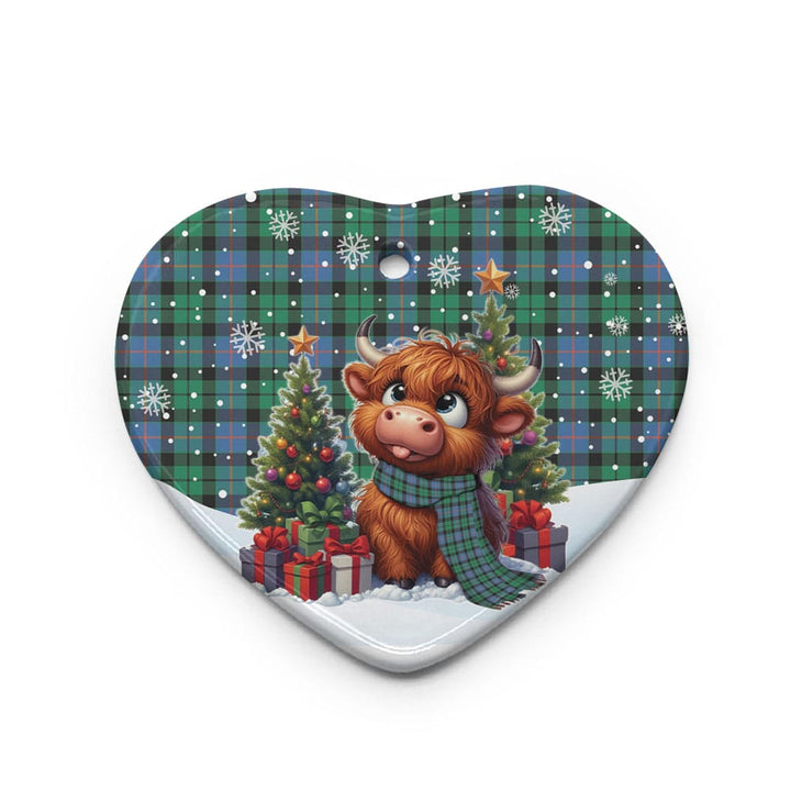 Scottish Morrison Ancient Clan Tartan Ceramic Ornament Cute Highland Cow Christmas Heart Style Tartan Plaid