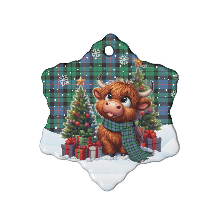 Scottish Morrison Ancient Clan Tartan Ceramic Ornament Cute Highland Cow Christmas Snow Flake Style Tartan Plaid