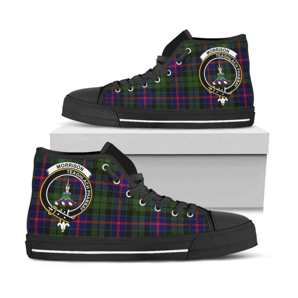 Scottish Morrison Clan Crest Tartan High Top Shoes Black Sole Tartan Plaid